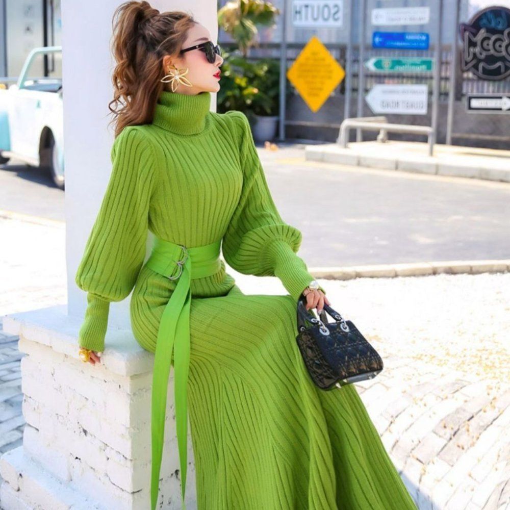 Belted Knitted Sweater Maxi Dress | Women Knit Green Formal Office Dress